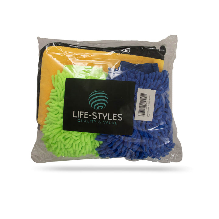 Packaged product with colorful microfiber cloths, microbre cleaning cloths, cleaning supplies cleaning cloths and a Life-Styls label on a white background