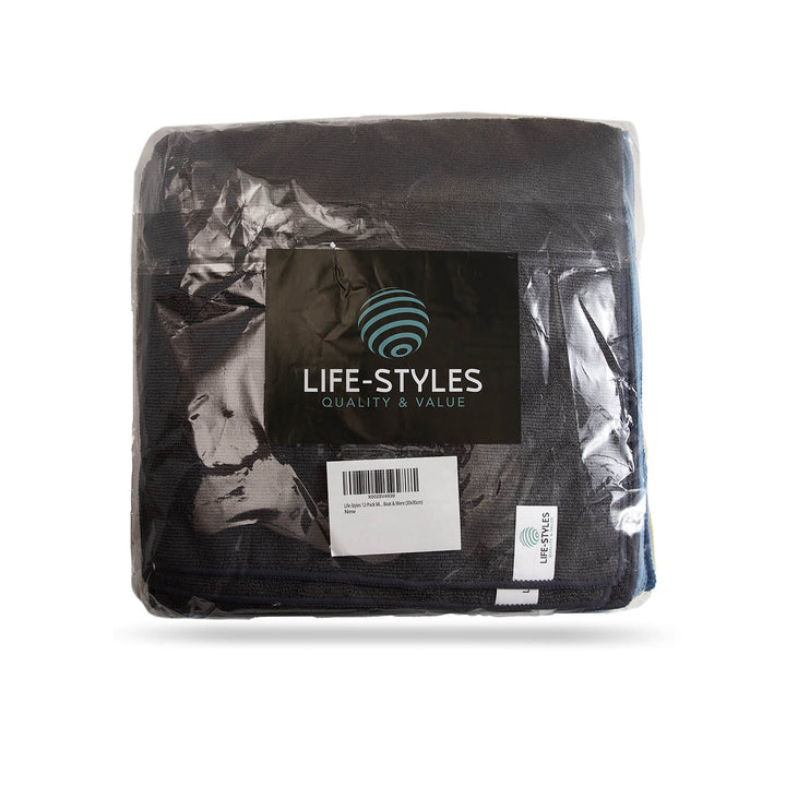 Packaged product of microfibre cleaning cloths, microfibre, cleaning supplies with Life-Styles label on a white background