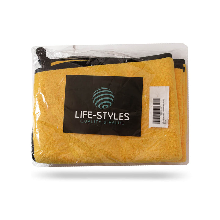 Yellow microfibre cloths, microfibre, cleaning supplies, cleaning cloths with a Life-Styles label in clear packaging on a white background